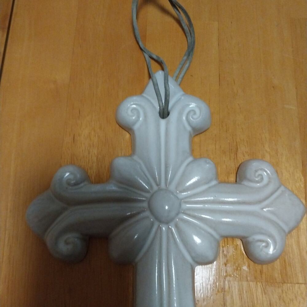 White Ceramic Cross Wall Hanging 11" Gift Decor - Picture 2 of 4